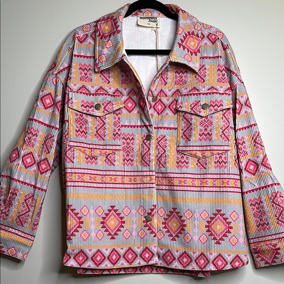 Savanna Jane Jackets & Blazers - Savanna Jane Grey Pink Orange Multicolor Southwest Patterned Jacket Size 1X NWT